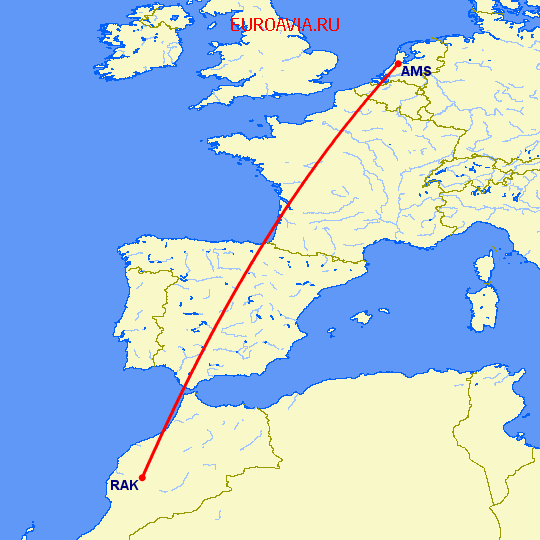 перелет Амстердам — Марракеш на карте