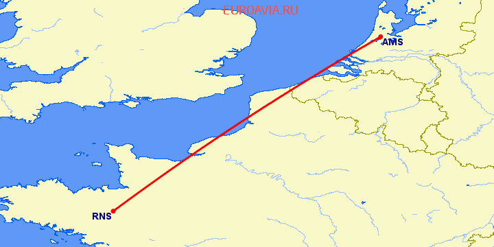 перелет Амстердам — Ренн на карте
