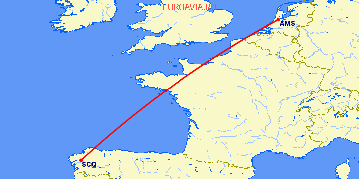 перелет Амстердам — Сантьяго де Компостела на карте