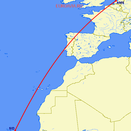 перелет Амстердам — Sal на карте