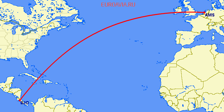перелет Амстердам — Сан Хосе на карте