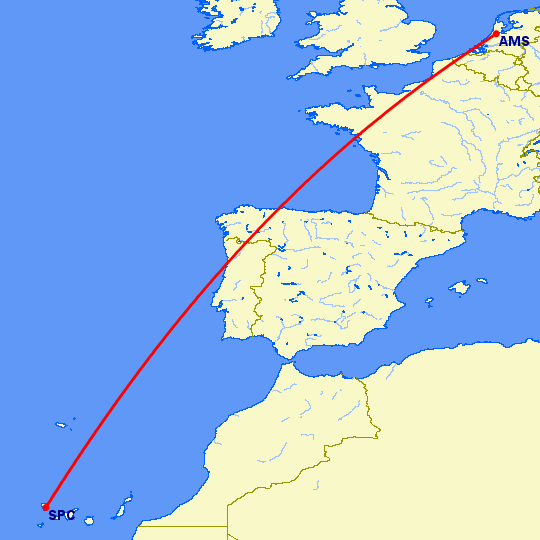 перелет Амстердам — Санта Крус де Ла Пальма на карте