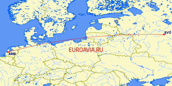 перелет Амстердам — Москва на карте