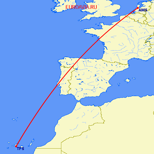 перелет Амстердам — Тенерифе на карте