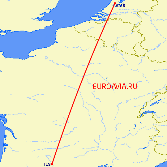 перелет Амстердам — Тулуза на карте