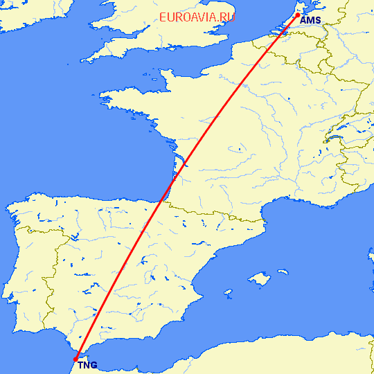 перелет Амстердам — Танжер на карте