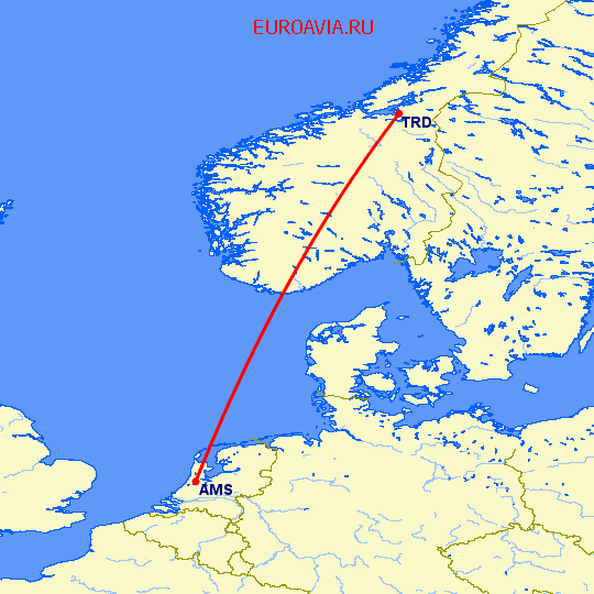 перелет Амстердам — Тронхейм на карте
