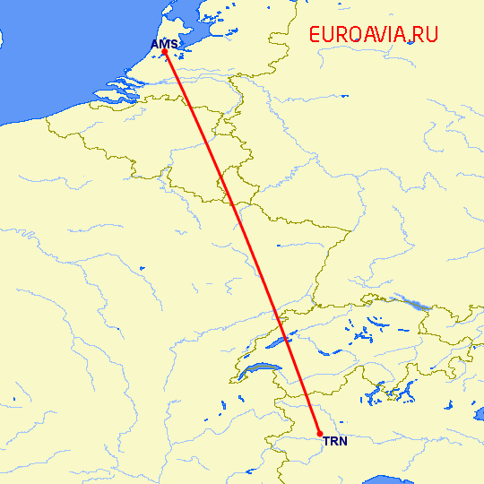 перелет Амстердам — Турин на карте