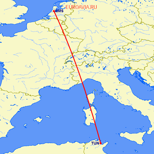 перелет Амстердам — Тунис на карте