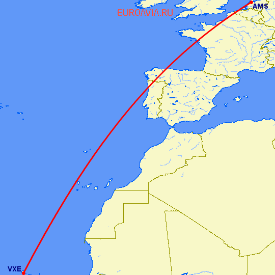 перелет Амстердам — Sao Vicente на карте