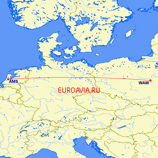 перелет Амстердам — Варшава на карте