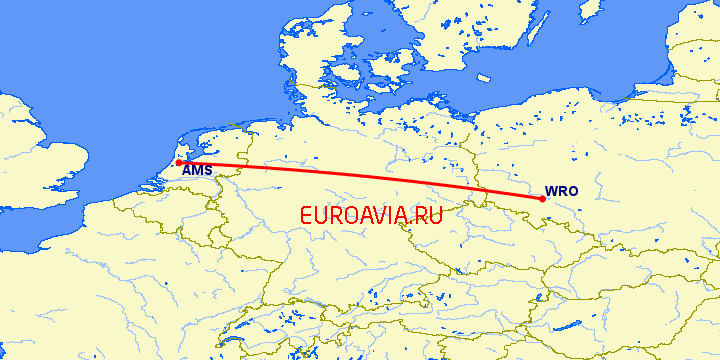 перелет Амстердам — Вроцлав на карте