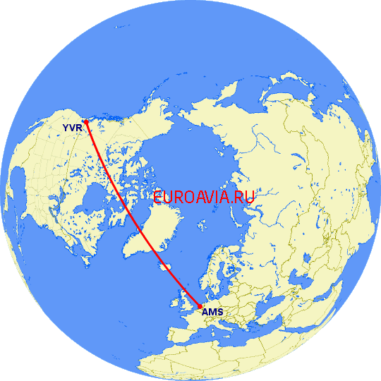 перелет Амстердам — Ванкувер на карте