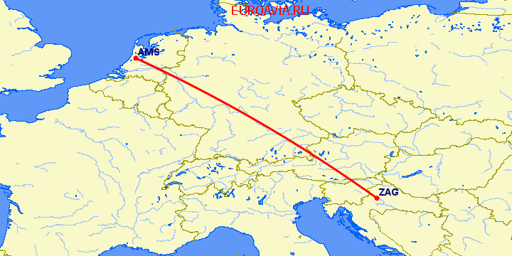 перелет Амстердам — Загреб на карте