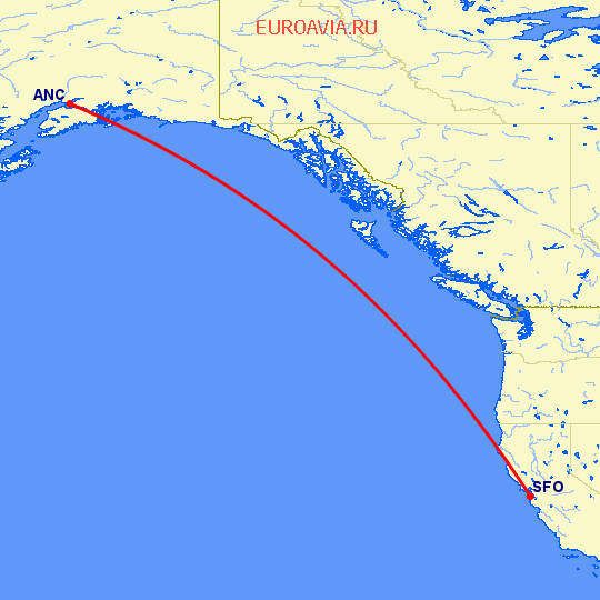 перелет Анкоридж — Сан Франциско на карте