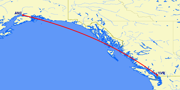 перелет Анкоридж — Ванкувер на карте