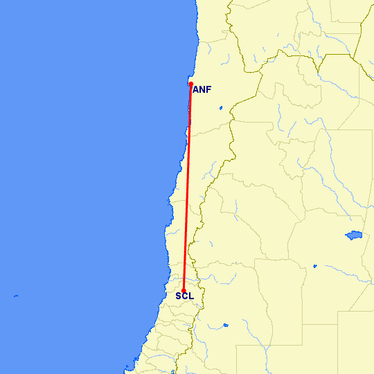 перелет Антофагаста — Сантьяго на карте