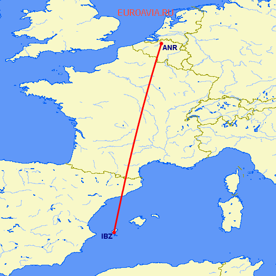 перелет Антверпен — Ибица на карте