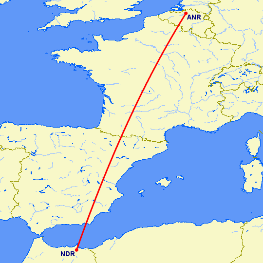 перелет Антверпен — Надор на карте