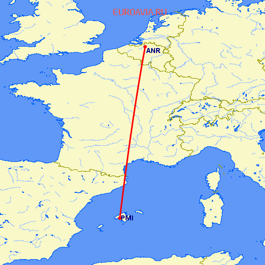перелет Антверпен — Пальма де Майорка на карте