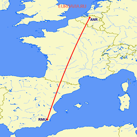 перелет Антверпен — Мурсия на карте