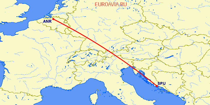 перелет Антверпен — Сплит на карте