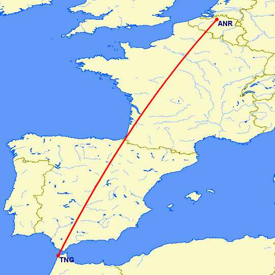 перелет Антверпен — Танжер на карте