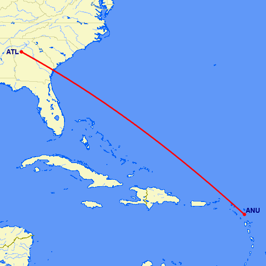 перелет Сент Джонс — Атланта на карте
