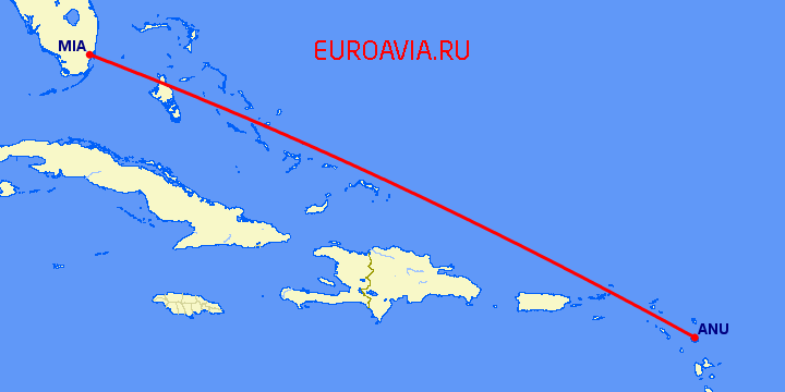 перелет Сент Джонс — Майами на карте