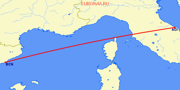 перелет Анкона — Барселона на карте