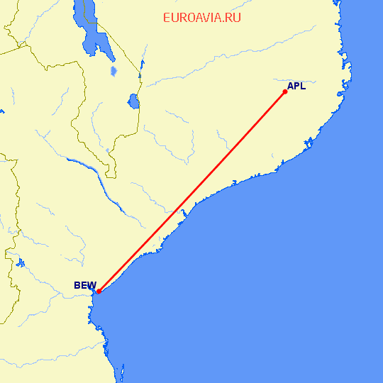 перелет Нампула — Бейра на карте