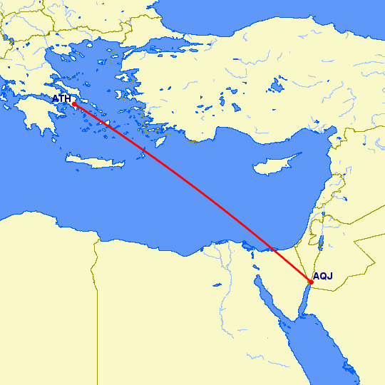 перелет Акаба — Афины на карте