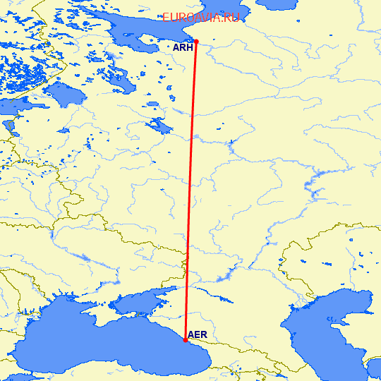 перелет Архангельск — Сочи на карте