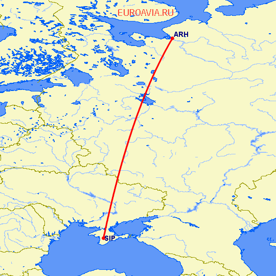 перелет Архангельск — Симферополь на карте