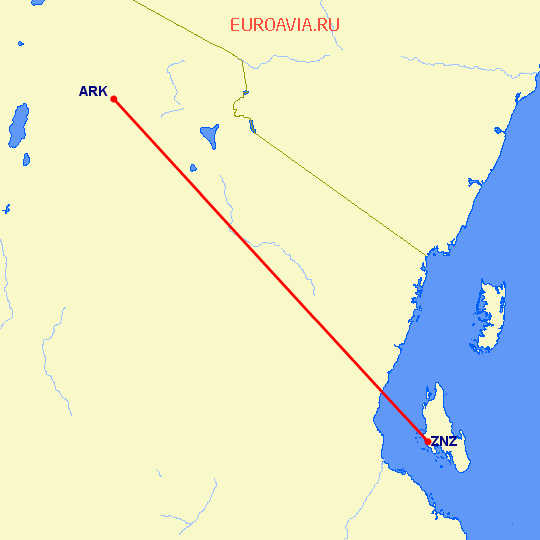 перелет Аруша — Занзибар на карте