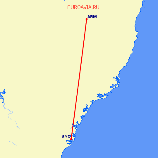 перелет Армидаль — Сидней на карте