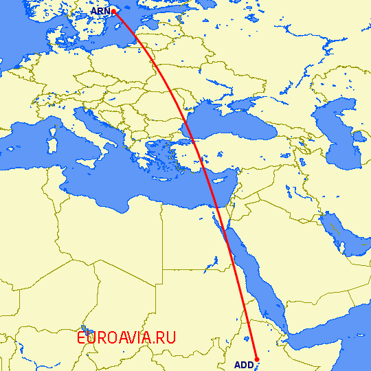 перелет Стокгольм — Аддис Абеба на карте