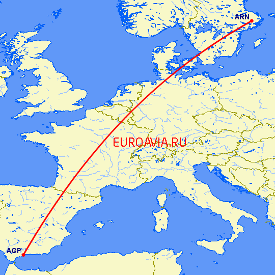 перелет Стокгольм — Малага на карте