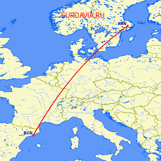 перелет Стокгольм — Барселона на карте