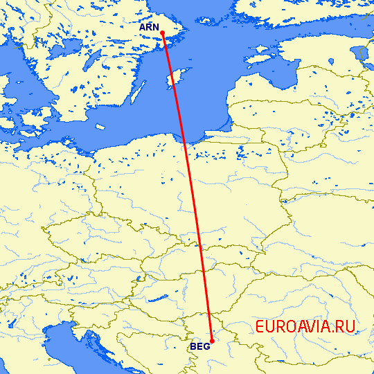 перелет Стокгольм — Белград на карте