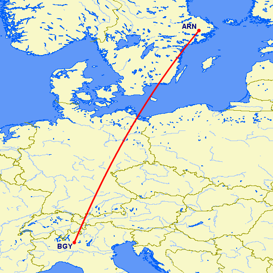 перелет Стокгольм — Бергамо на карте