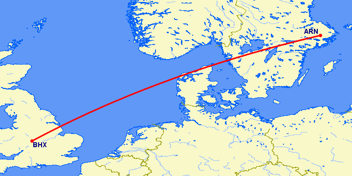 перелет Стокгольм — Бирмингем на карте