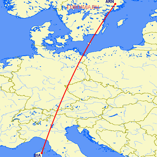 перелет Стокгольм — Бастия на карте