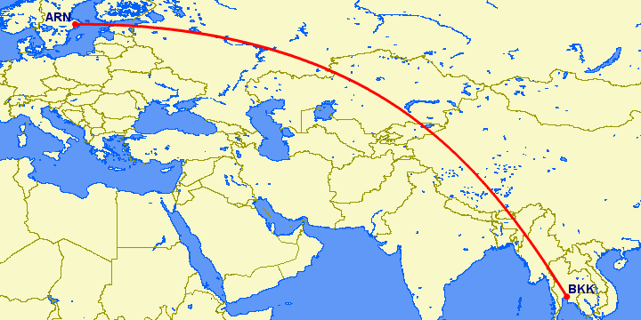 перелет Стокгольм — Бангкок на карте