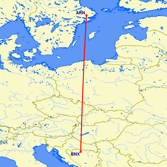 перелет Стокгольм — Баня Лука на карте