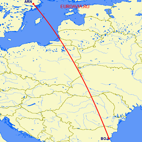 перелет Стокгольм — Бургас на карте