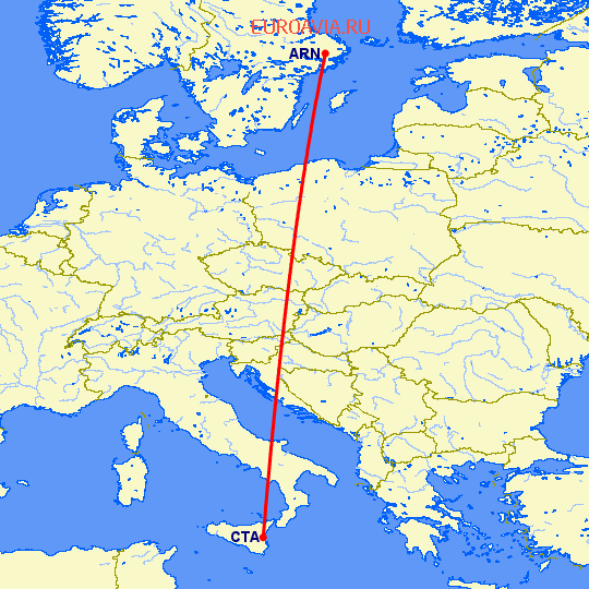 перелет Стокгольм — Катания на карте