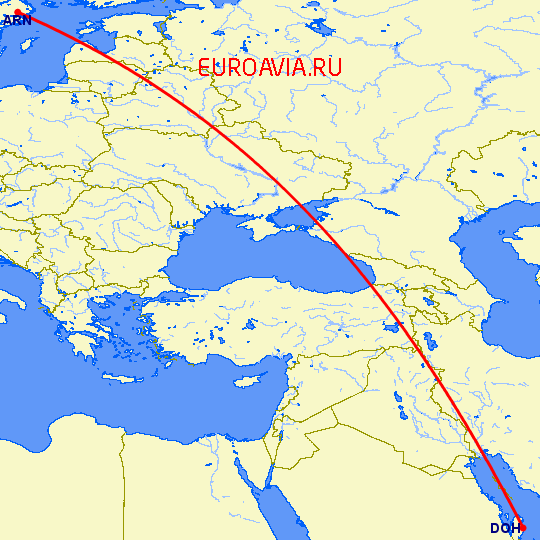 перелет Стокгольм — Доха на карте