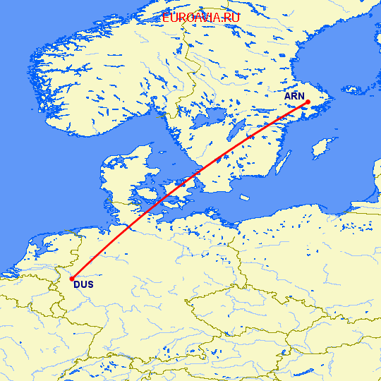 перелет Стокгольм — Дюссельдорф на карте