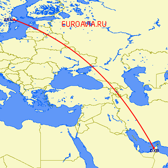 перелет Стокгольм — Дубай на карте